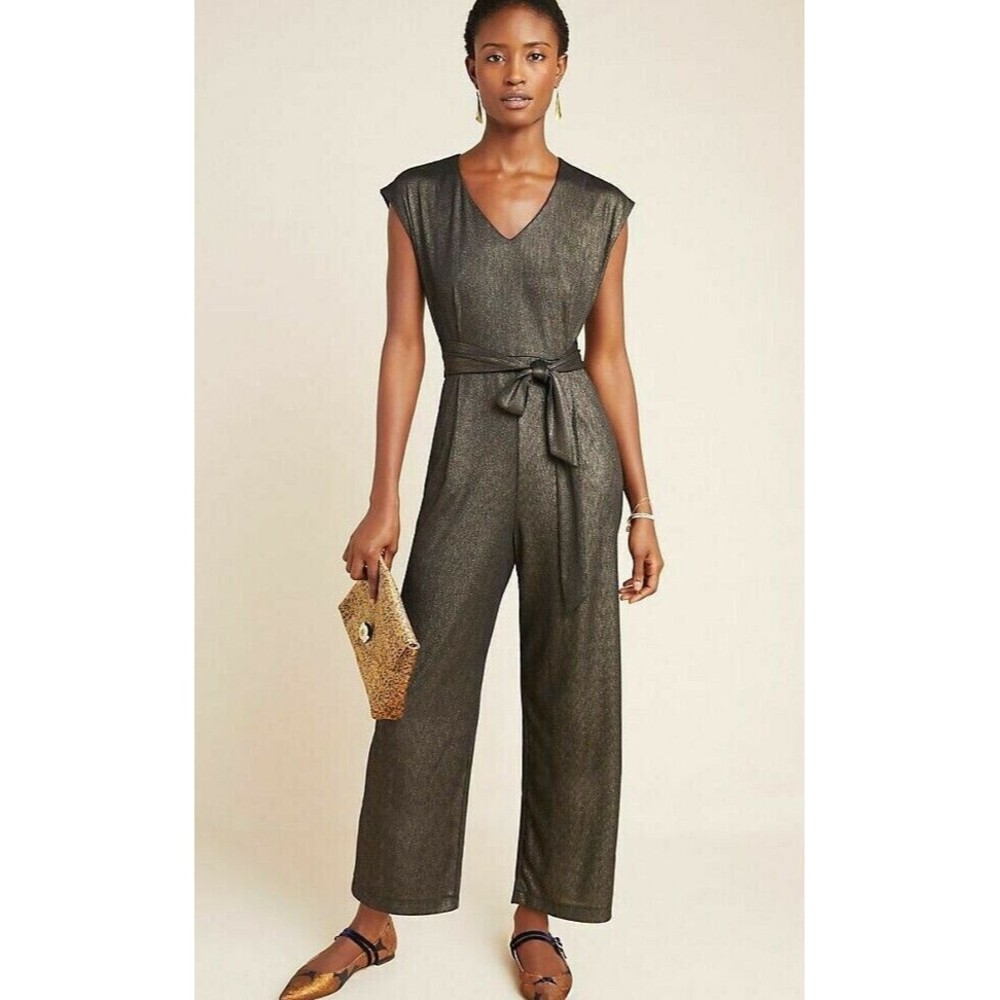 Anthropologie Bishop + Young Metallic Jumpsuit Black Metallic $160 Party Club  M